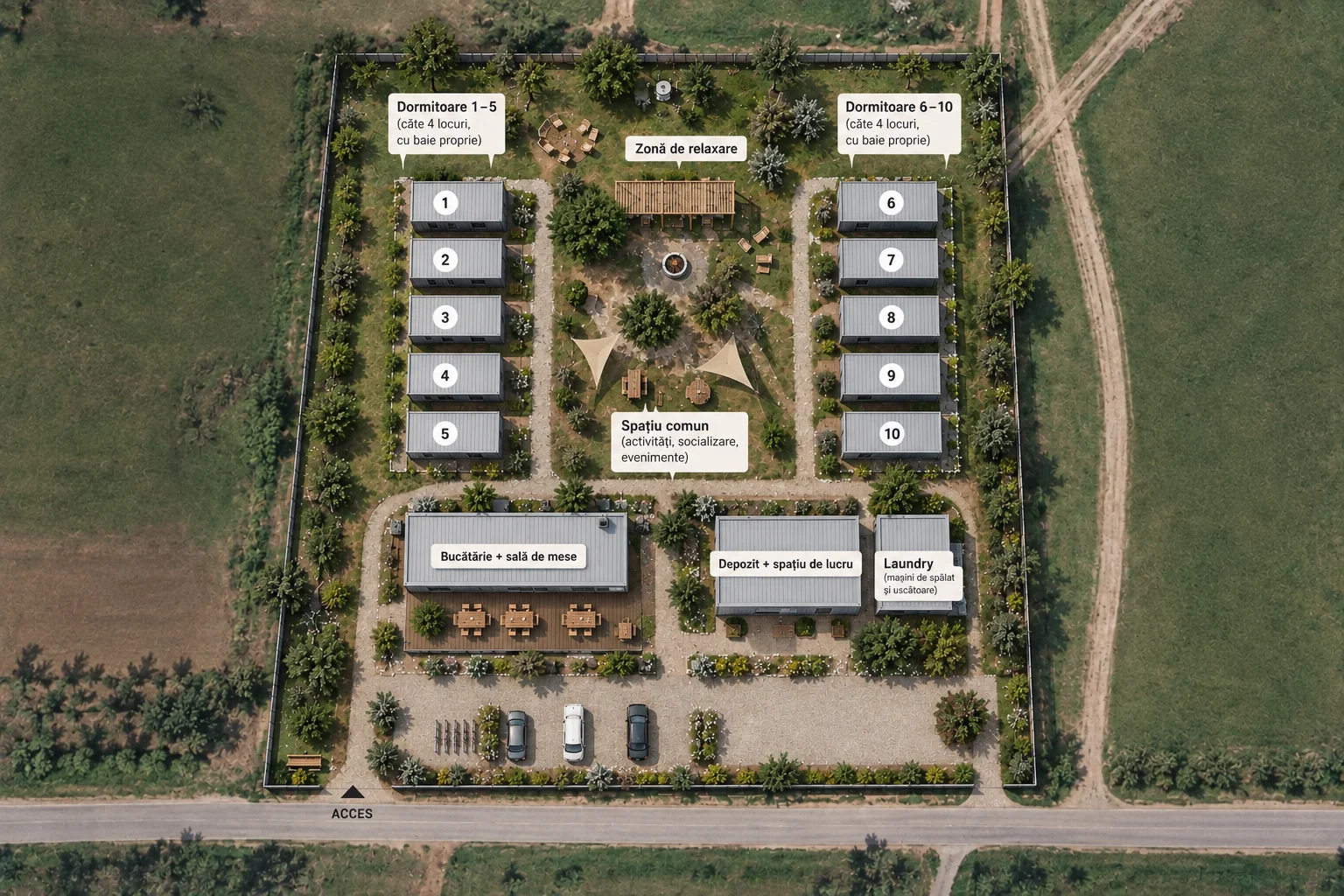 Rendering of the Panduru base · 17 modules, 40 beds · labels in Romanian